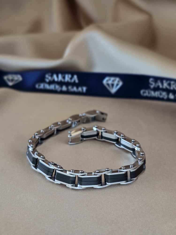 Şakra Gümüş Siyah Şerit Detaylı Çelik Erkek Bileklik - Görsel 2