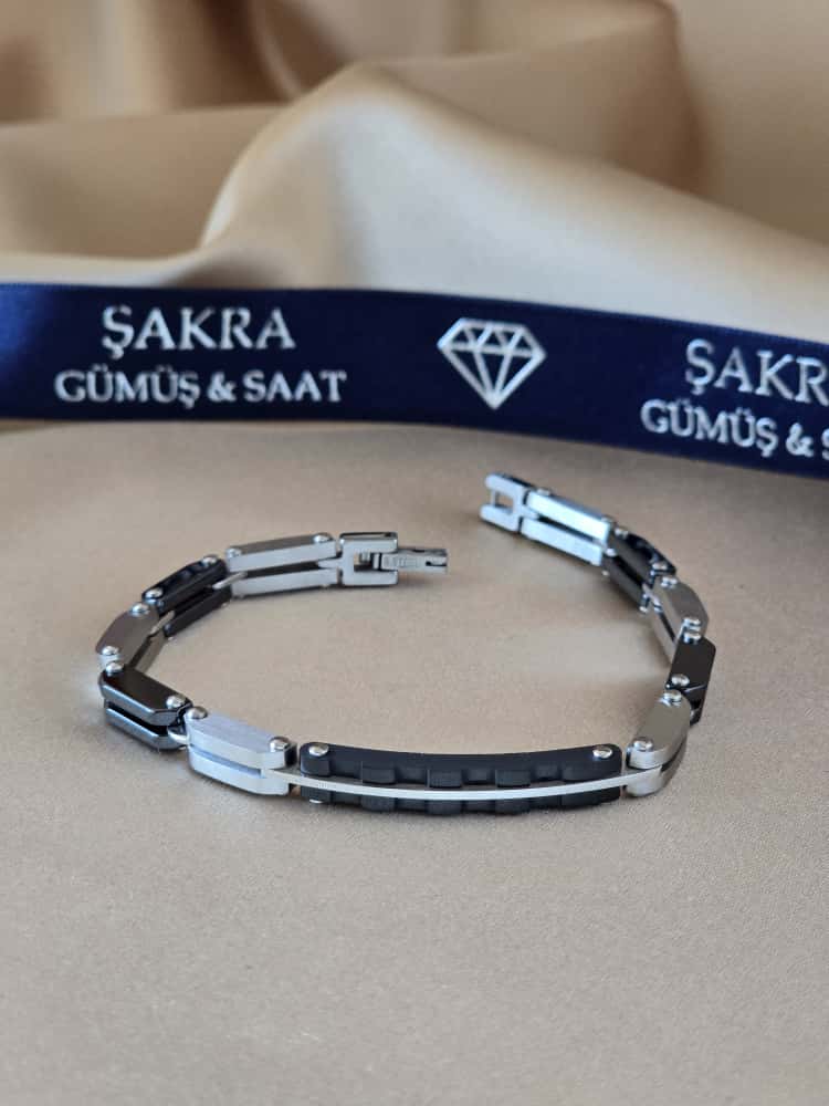Şakra Gümüş Siyah Detaylı Çelik Link Bileklik - Görsel 2