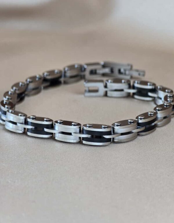 Şakra Gümüş Siyah Detaylı Çelik Çoklu Link Bileklik