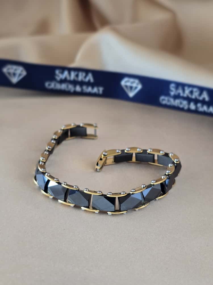 Şakra Gümüş Gold Çerçeveli Siyah Taş Detaylı Çelik Bileklik - Görsel 2