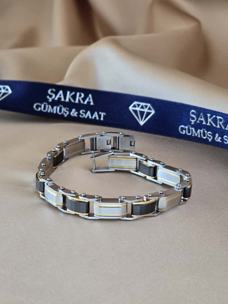 Şakra Gümüş Gold & Siyah Plaka Detaylı Çelik Link Bileklik - Görsel 2