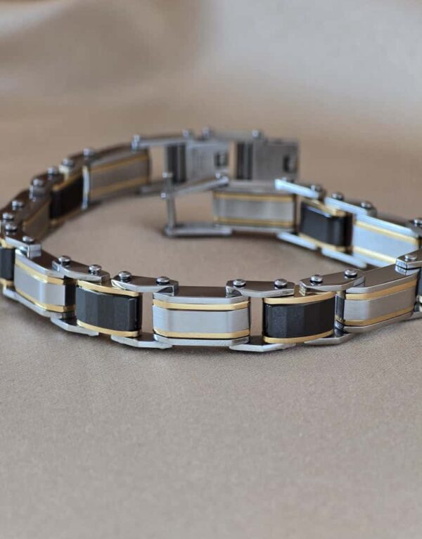 Şakra Gümüş Gold & Siyah Plaka Detaylı Çelik Link Bileklik
