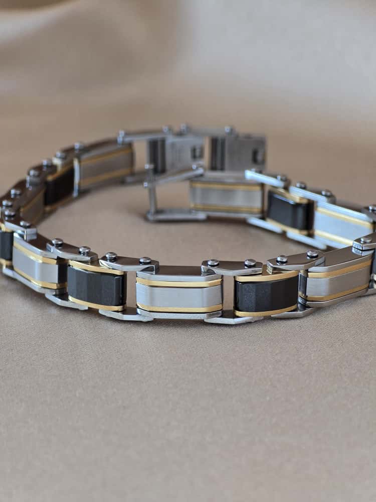 Şakra Gümüş Gold & Siyah Plaka Detaylı Çelik Link Bileklik