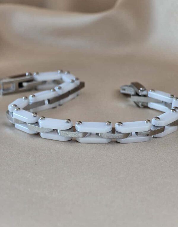 Şakra Gümüş Beyaz Seramik Detaylı Çelik Link Bileklik