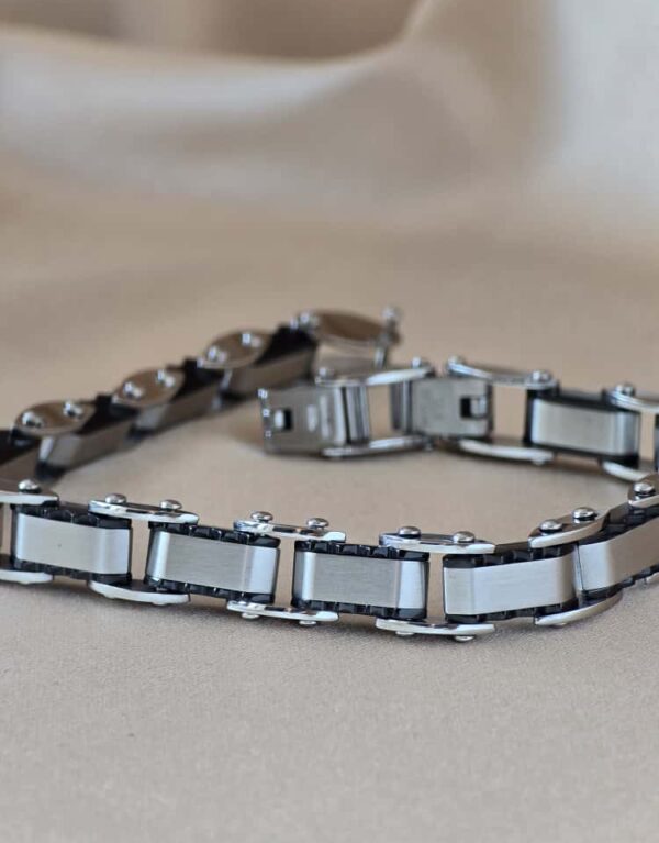 Şakra Gümüş Beyaz Orta Detaylı Çelik Link Bileklik