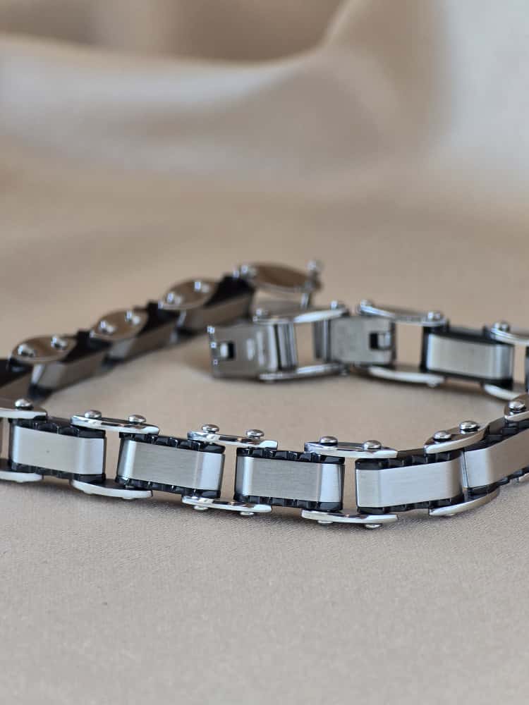 Şakra Gümüş Beyaz Orta Detaylı Çelik Link Bileklik