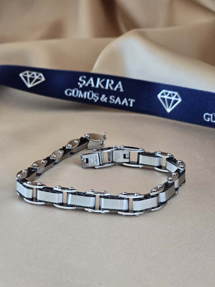 Şakra Gümüş Beyaz Orta Detaylı Çelik Link Bileklik - Görsel 2