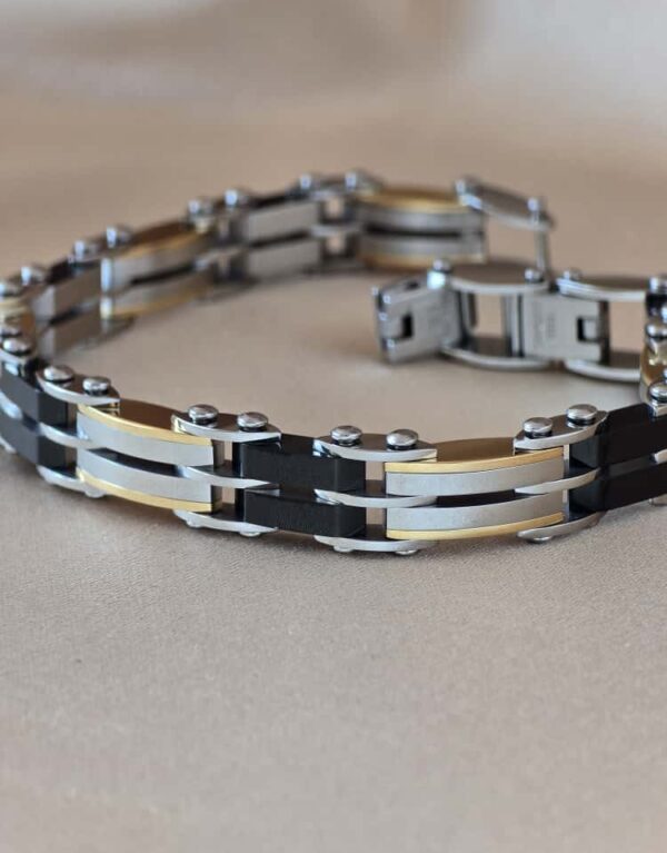Şakra Gümüş Gold & Siyah Şerit Detaylı Çelik Link Bileklik