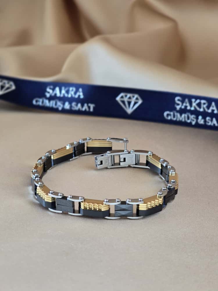 Şakra Gümüş Siyah & Gold Detaylı Erkek Çelik Bileklik - Görsel 2