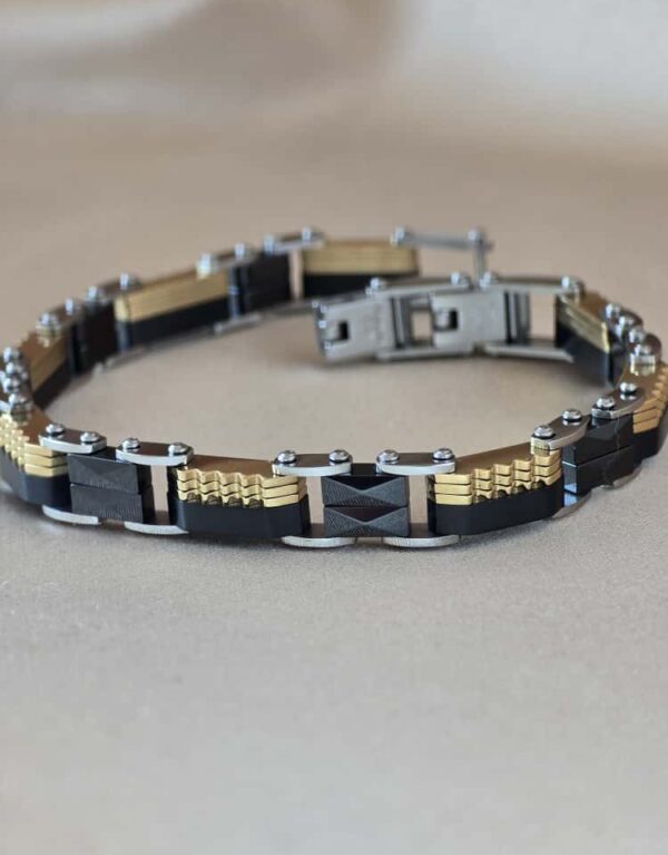 Şakra Gümüş Siyah & Gold Detaylı Erkek Çelik Bileklik