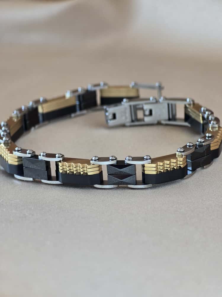 Şakra Gümüş Siyah & Gold Detaylı Erkek Çelik Bileklik
