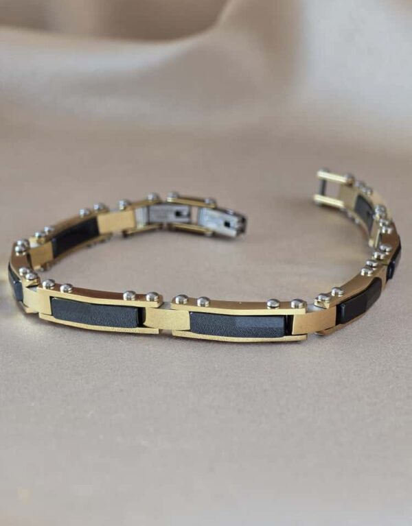Şakra Gümüş Gold Detaylı Siyah Çelik Link Bileklik