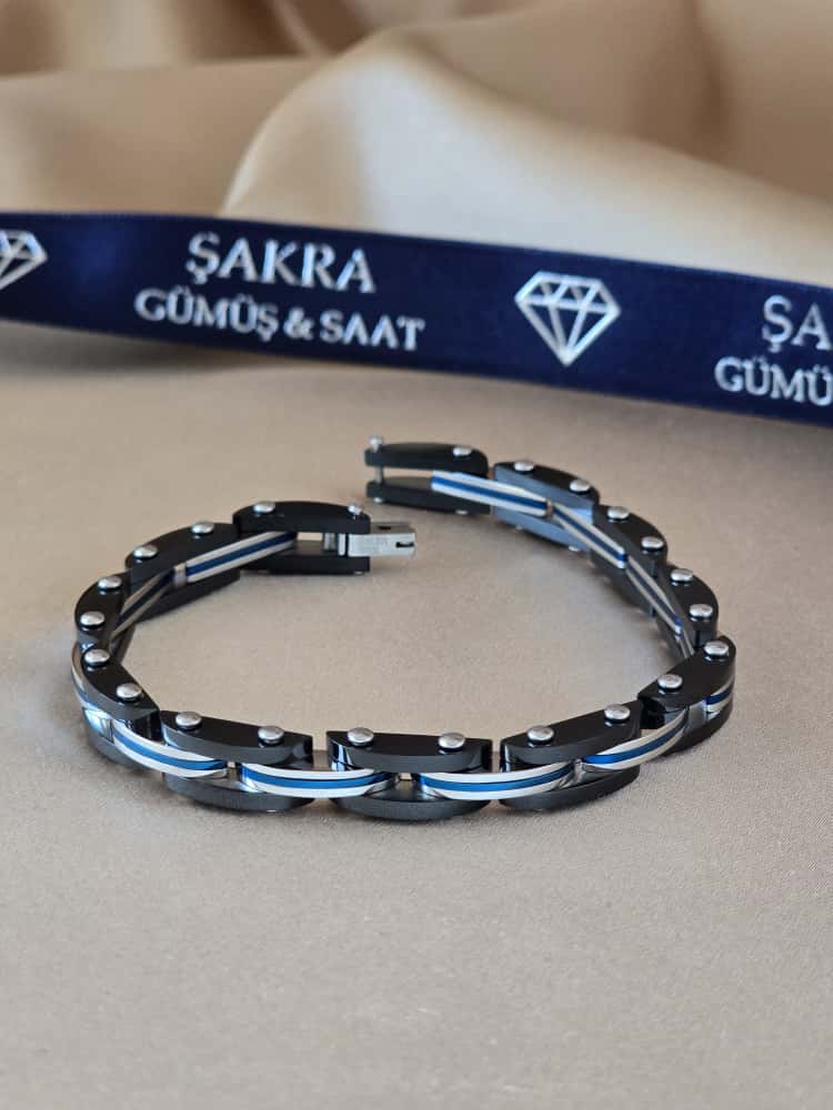 Şakra Gümüş Mavi Çizgi Detaylı Siyah Çelik Link Bileklik - Görsel 2