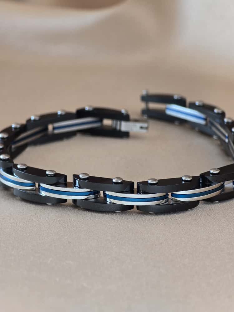 Şakra Gümüş Mavi Çizgi Detaylı Siyah Çelik Link Bileklik