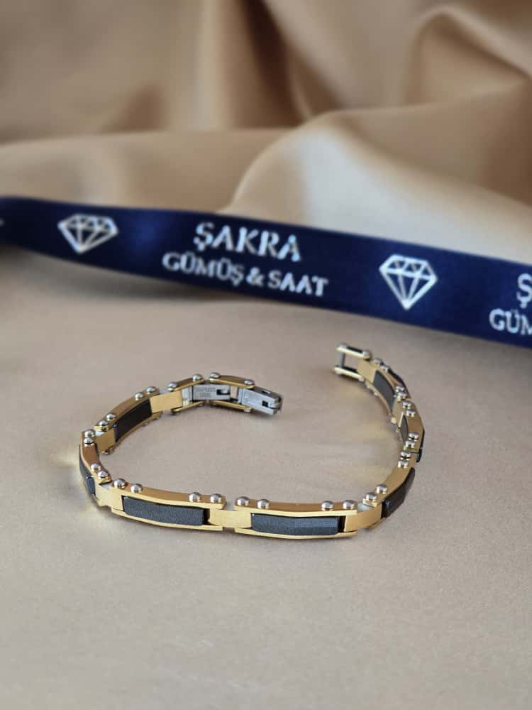 Şakra Gümüş Gold Detaylı Siyah Çelik Link Bileklik - Görsel 2