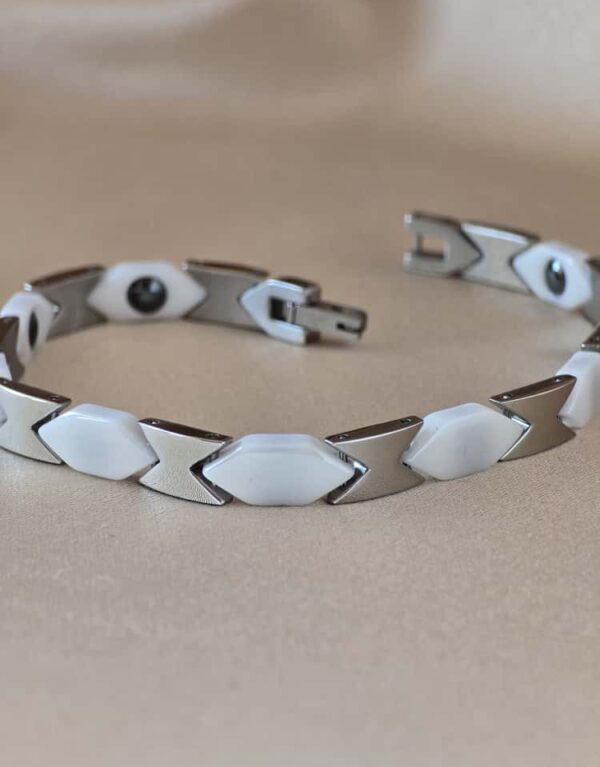 Şakra Gümüş Beyaz Geometrik Detaylı Çelik Link Bileklik