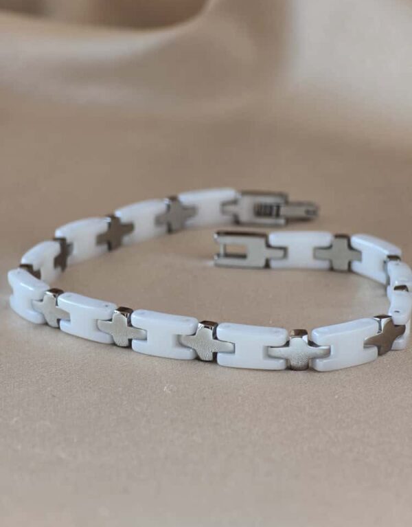 Şakra Gümüş Beyaz Seramik Çelik Link Bileklik
