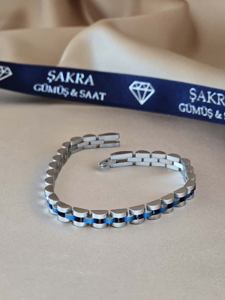 Şakra Gümüş İnce Mavi Şerit Detaylı Çelik Link Bileklik - Görsel 2