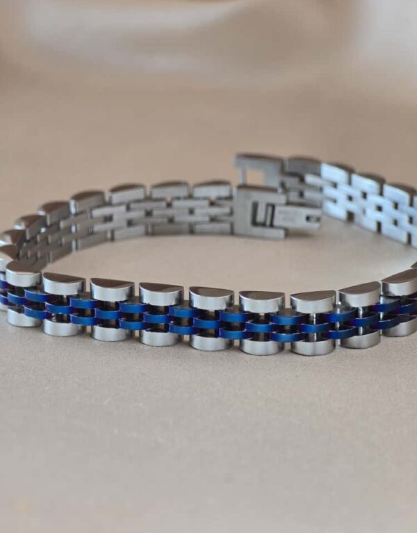 Şakra Gümüş Mavi Şerit Detaylı Çelik Link Bileklik