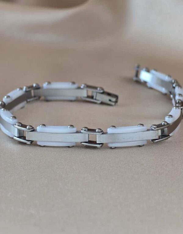 Şakra Gümüş Beyaz Şerit Detaylı Çelik Link Bileklik