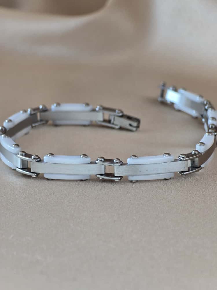 Şakra Gümüş Beyaz Şerit Detaylı Çelik Link Bileklik