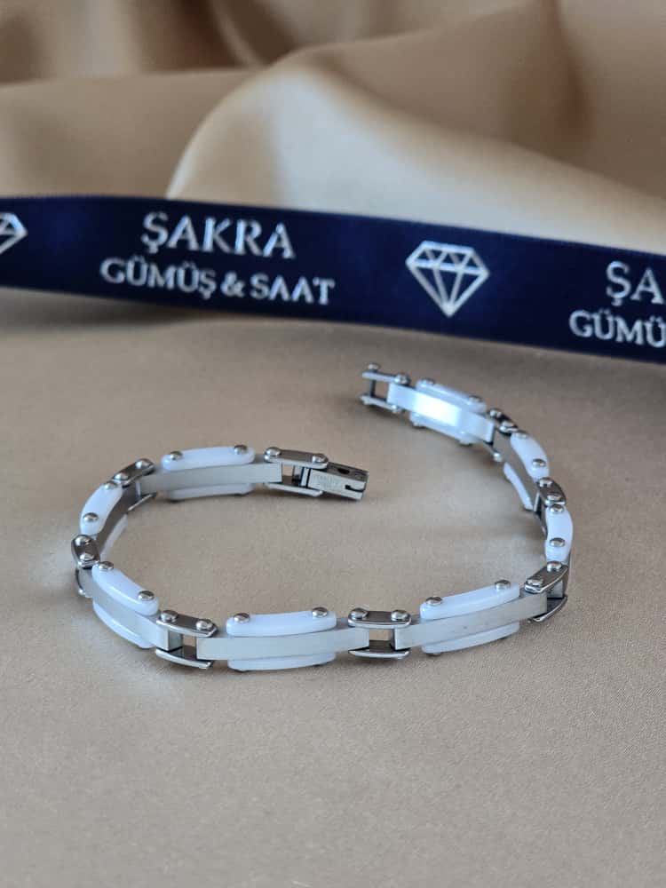 Şakra Gümüş Beyaz Şerit Detaylı Çelik Link Bileklik - Görsel 2