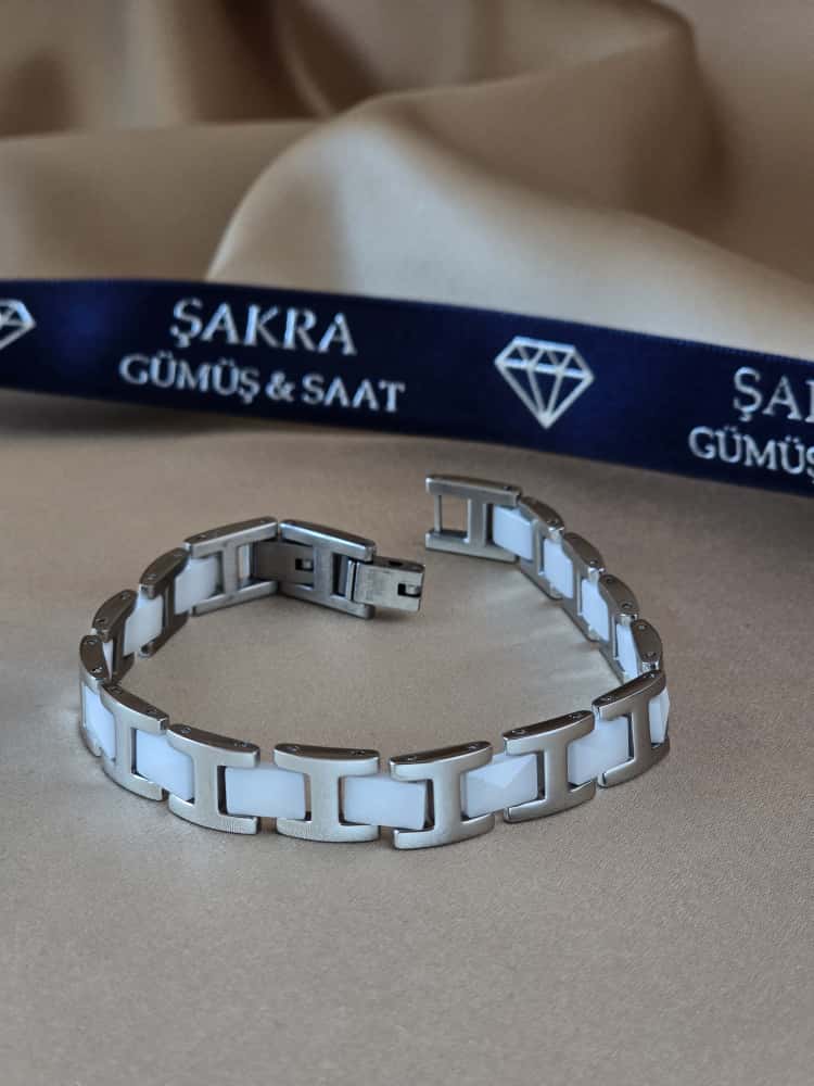 Şakra Gümüş Beyaz Detaylı Çelik Link Bileklik - Görsel 2