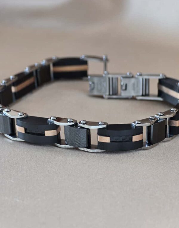 Şakra Gümüş Gold Şerit Detaylı Çelik Link Bileklik