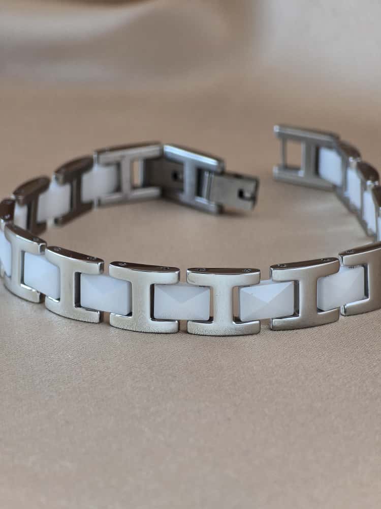 Şakra Gümüş Beyaz Detaylı Çelik Link Bileklik