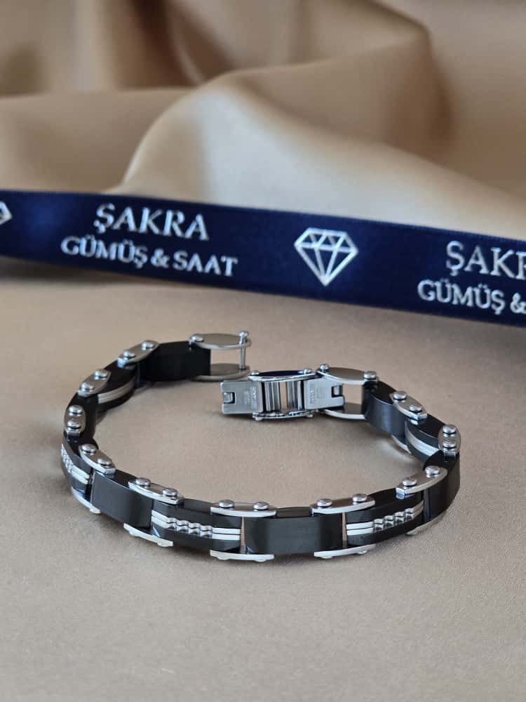 Şakra Gümüş Siyah Plaka Detaylı Çelik Link Bileklik - Görsel 2