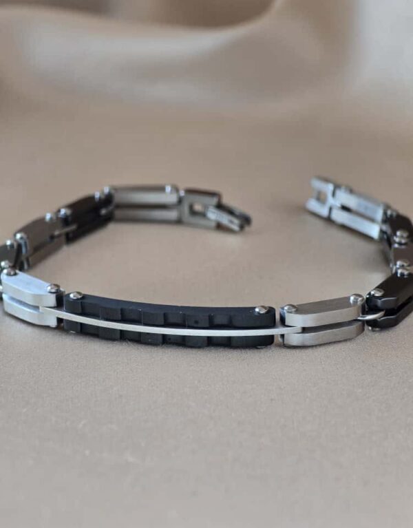 Şakra Gümüş Siyah Detaylı Çelik Link Bileklik