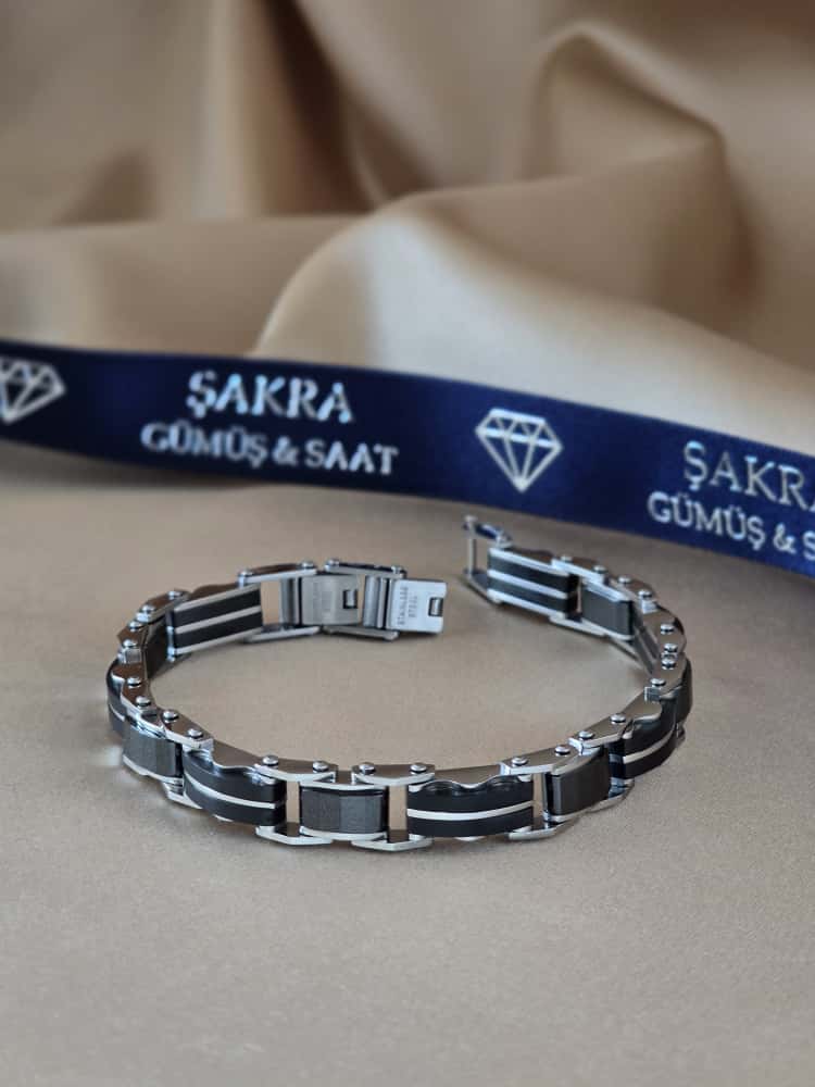 Şakra Gümüş Siyah Şerit Detaylı Çelik Link Bileklik - Görsel 2