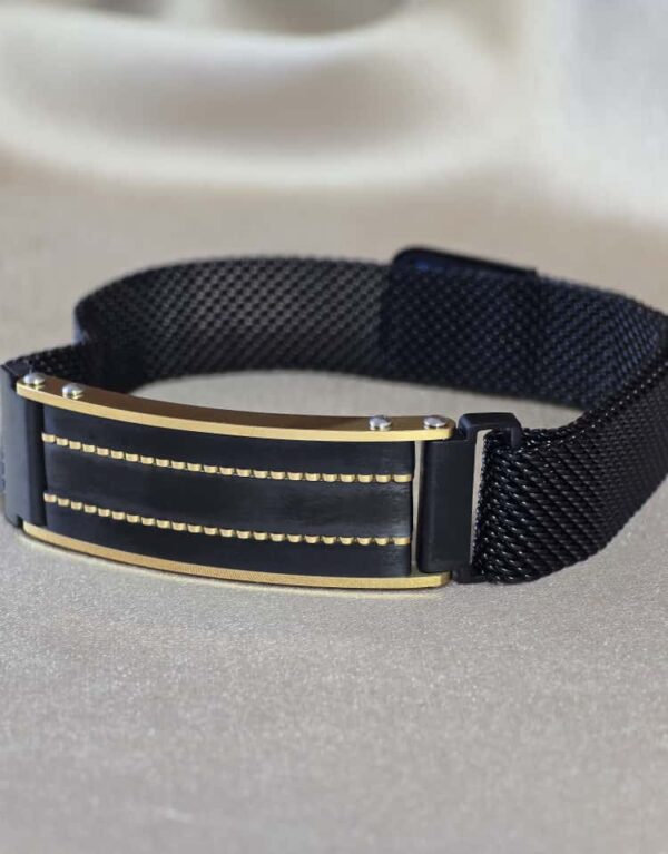 Şakra Gümüş Gold Çizgi Detaylı Siyah Çelik Örgü Bileklik