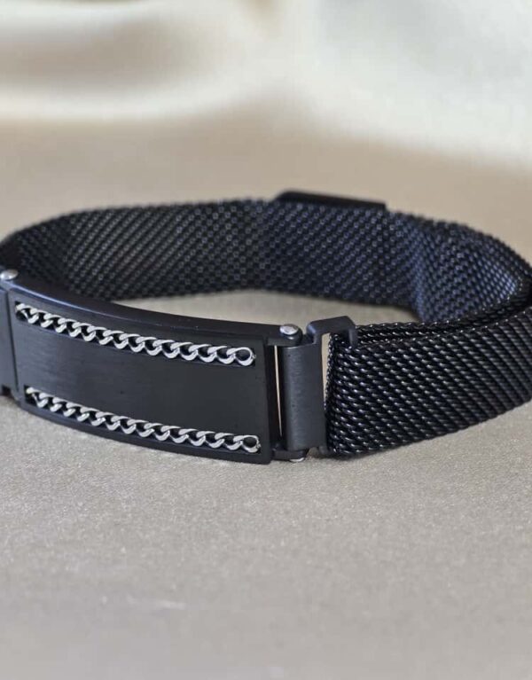 Şakra Gümüş Siyah Zincir Detaylı Çelik Örgü Bileklik