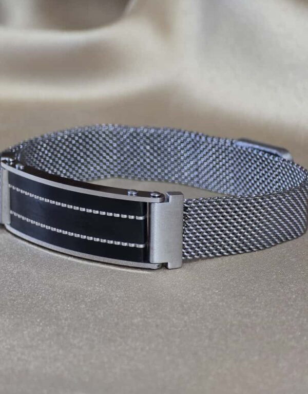 Şakra Gümüş Siyah Detaylı Çelik Örgü Bileklik