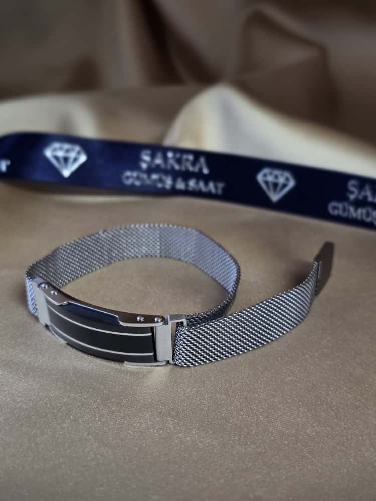 Şakra Gümüş Çift Çizgi Detaylı Çelik Örgü Bileklik - Görsel 2