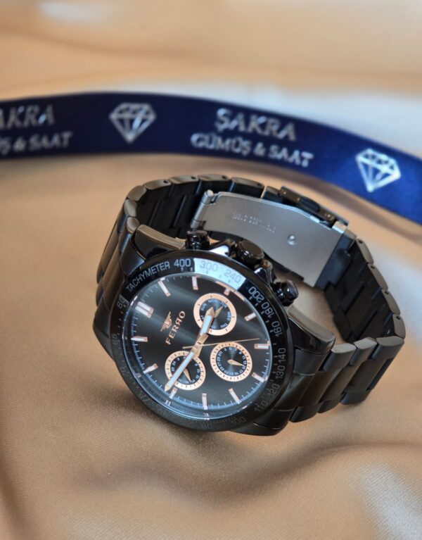 FERRO Tachymeter Bezel Tam Siyah Metal Kordon Erkek Kol Saati
