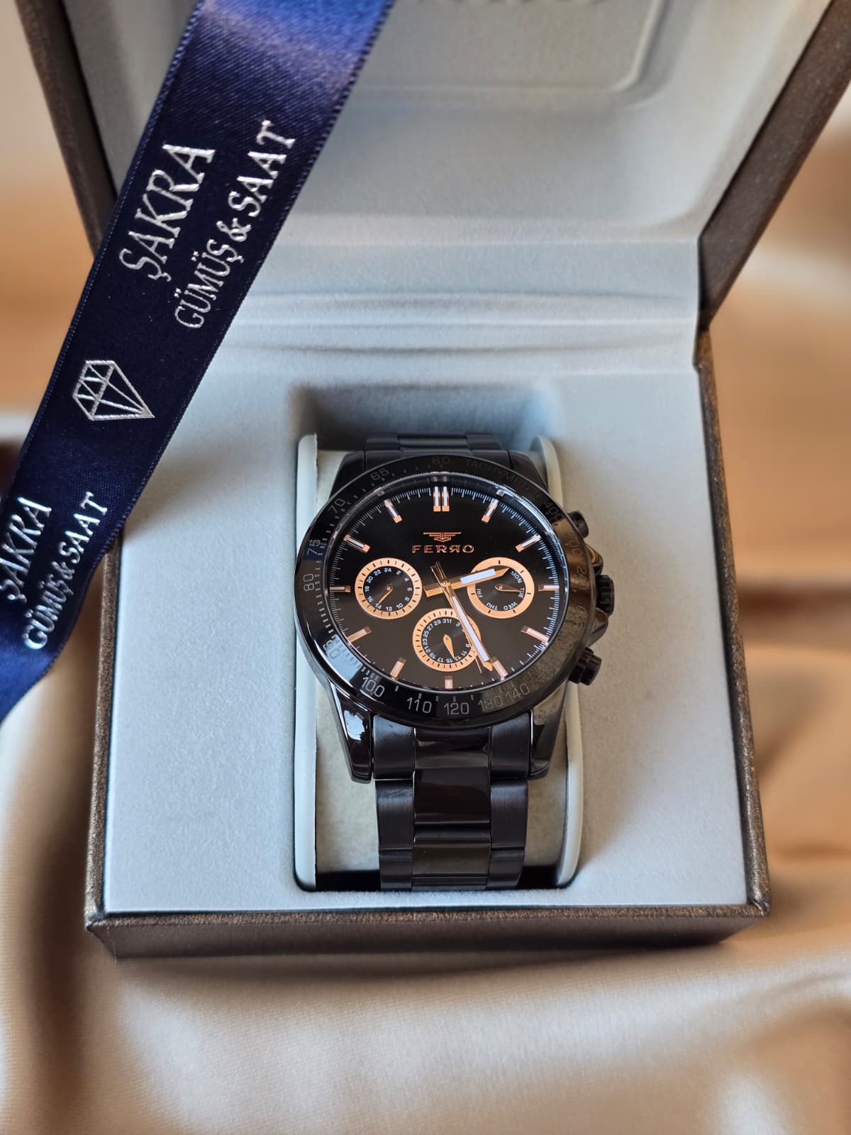 FERRO Tachymeter Bezel Tam Siyah Metal Kordon Erkek Kol Saati - Görsel 3