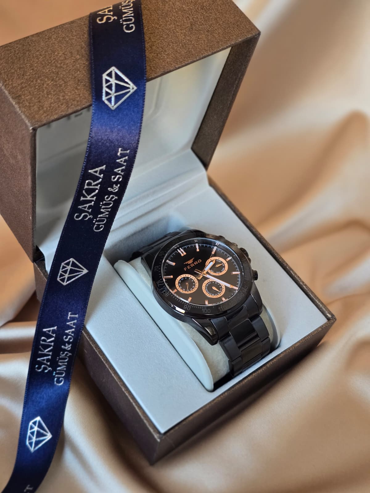 FERRO Tachymeter Bezel Tam Siyah Metal Kordon Erkek Kol Saati - Görsel 2