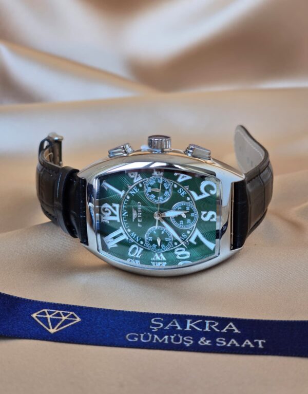 FERRO Yeşil Kadran Kavisli Kasa Deri Kordon Erkek Kol Saati