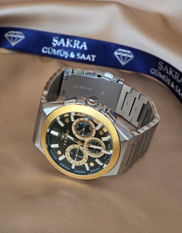 FERRO Gold Bezel Green Dial Multifunction Steel Erkek Kol Saati