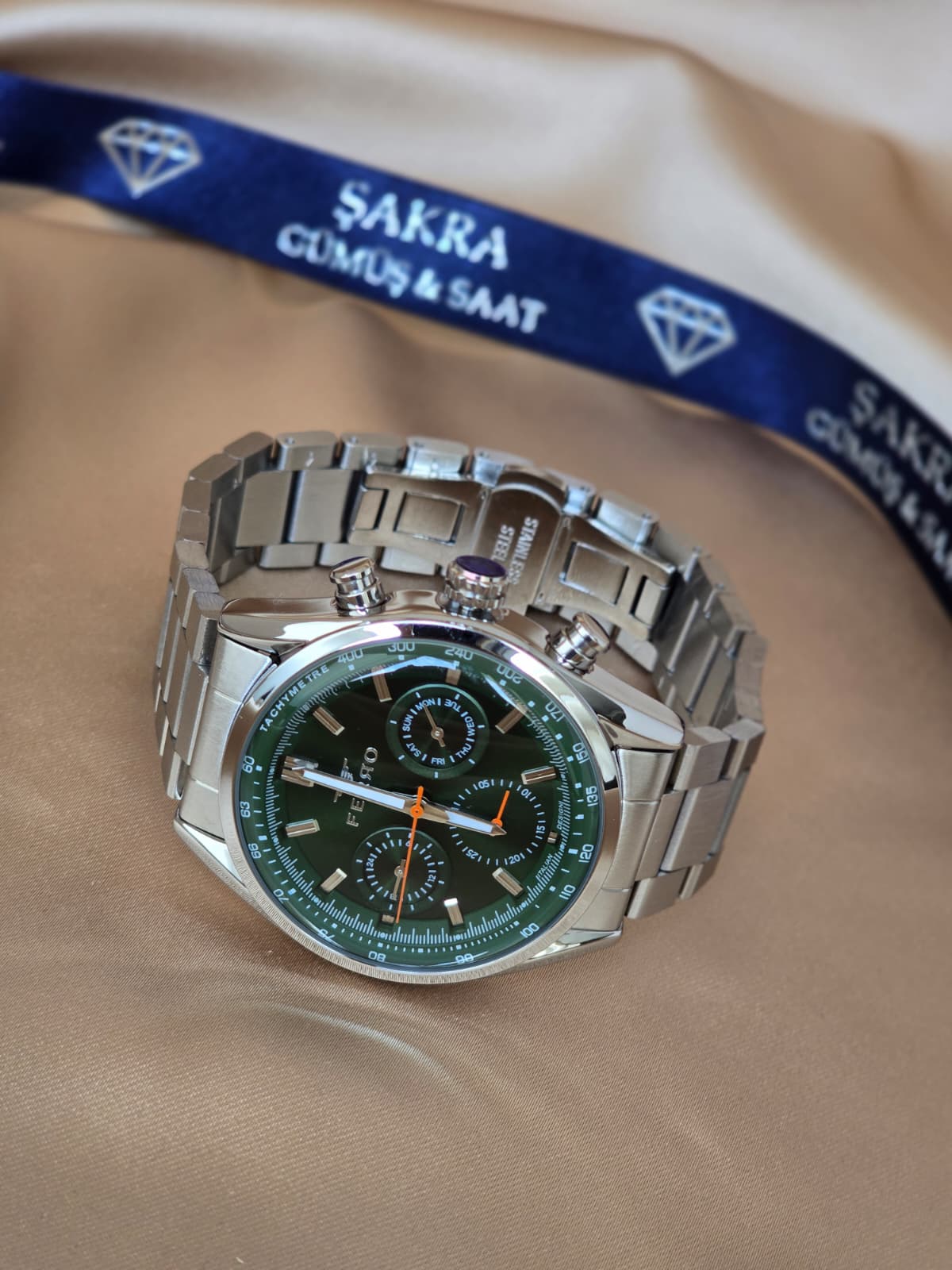 FERRO Green Dial Chronograph Steel Erkek Kol Saati