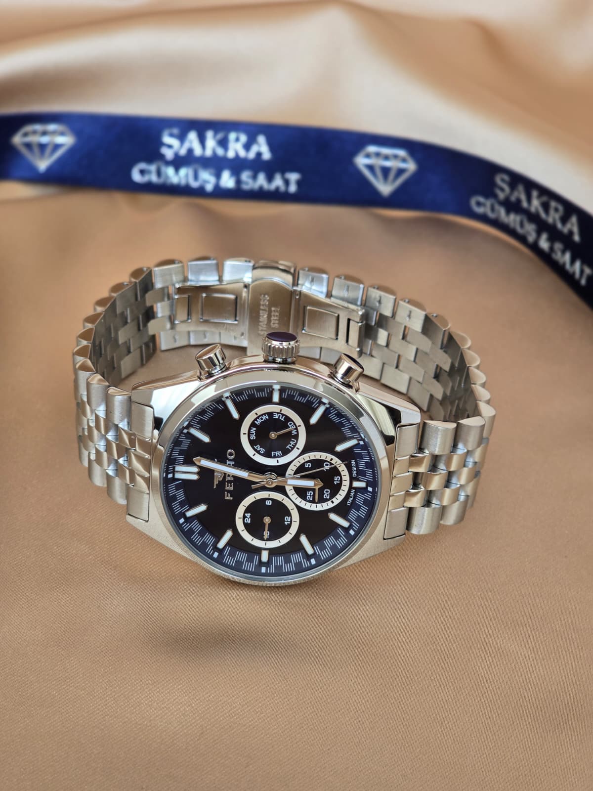 FERRO Chronograph Steel Erkek Kol Saati – Siyah Kadran