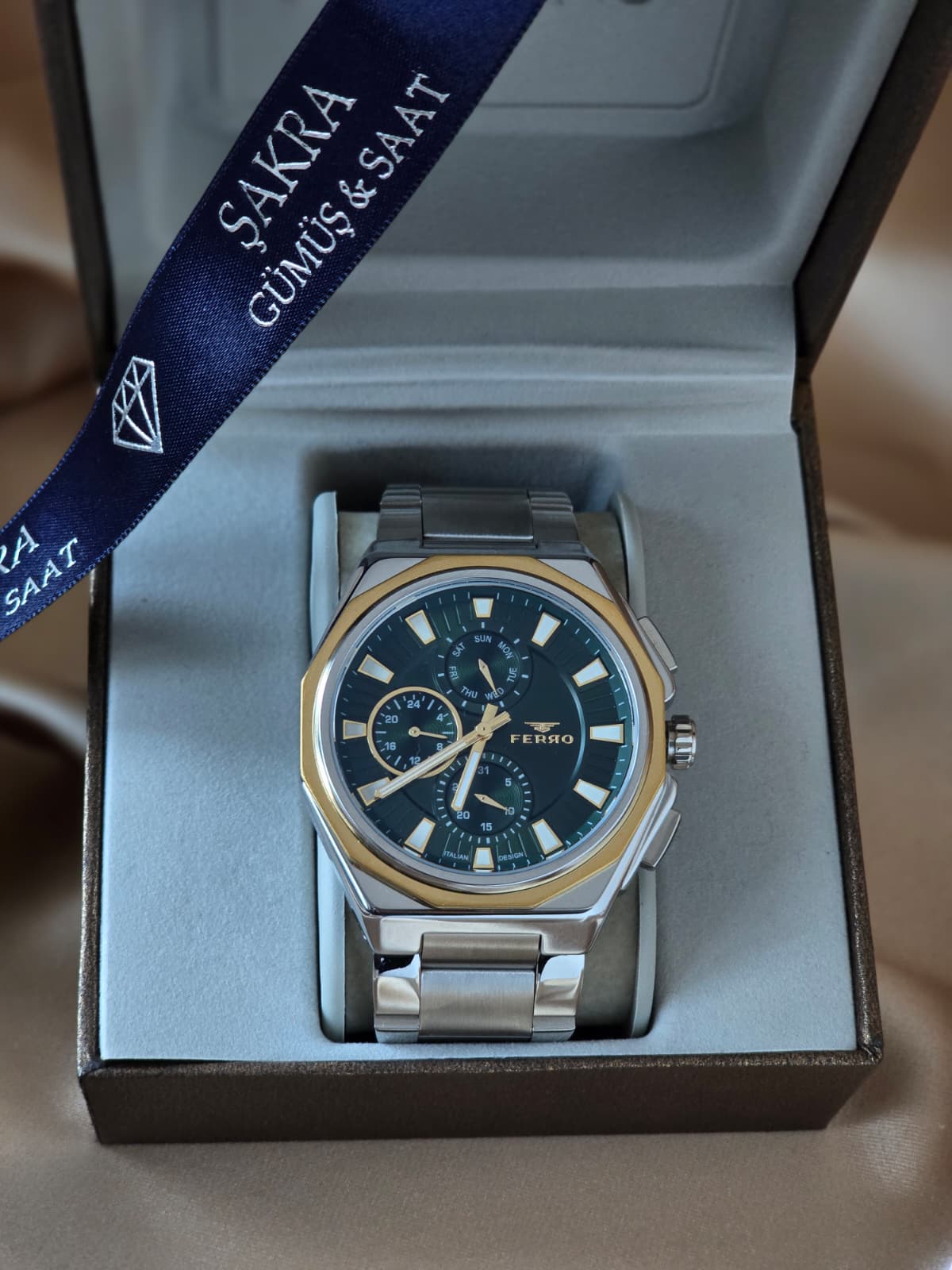 FERRO Gold Detaylı Yeşil Kadran Çelik Erkek Kol Saati - Görsel 2
