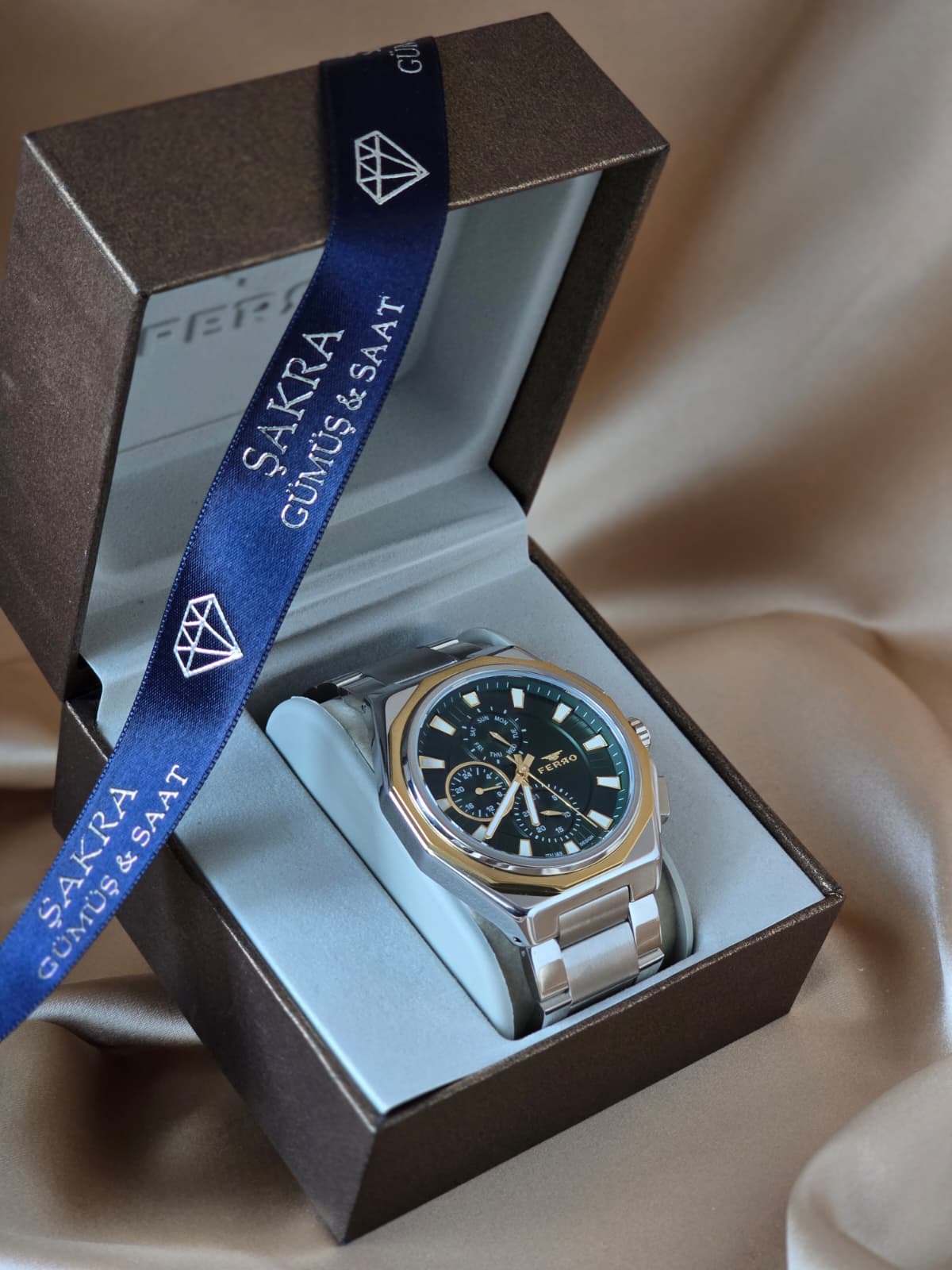 FERRO Gold Detaylı Yeşil Kadran Çelik Erkek Kol Saati - Görsel 3