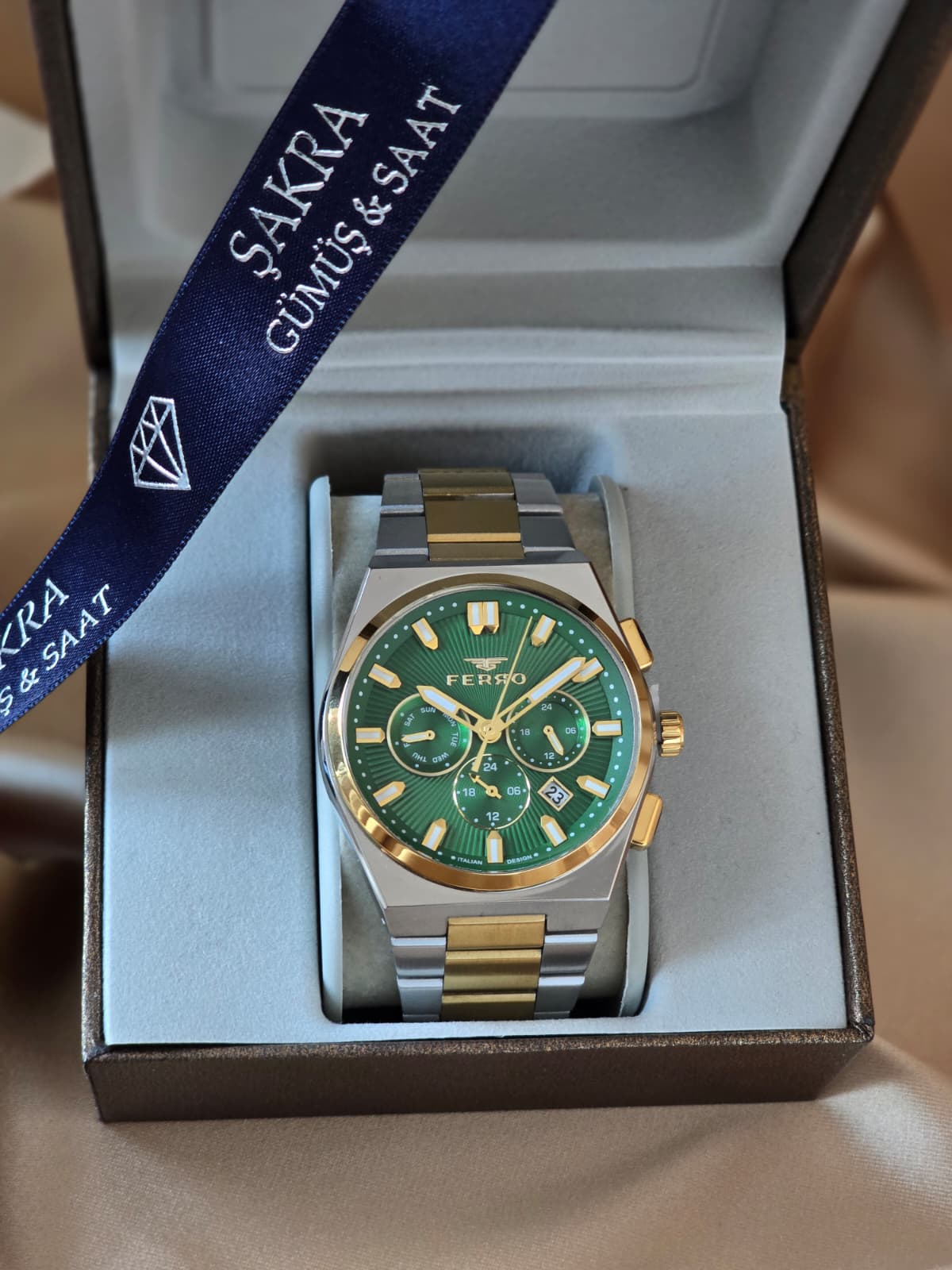 FERRO Green Dial Gold Detail Multifunction Steel Erkek Kol Saati - Görsel 2