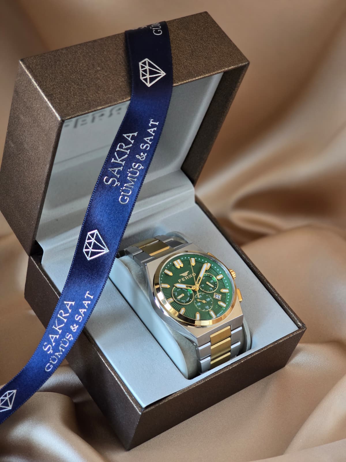 FERRO Green Dial Gold Detail Multifunction Steel Erkek Kol Saati - Görsel 3