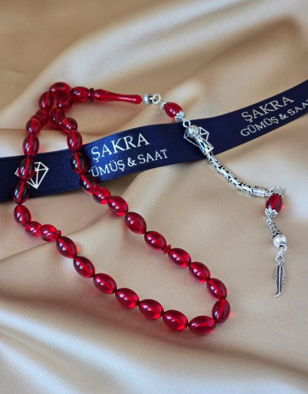 Gümüş Püsküllü Kırmızı Ateş Kehribar Tesbih