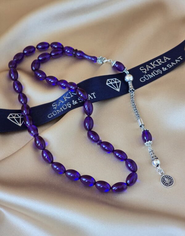 Gümüş Püsküllü Mor Ateş Kehribar Tesbih