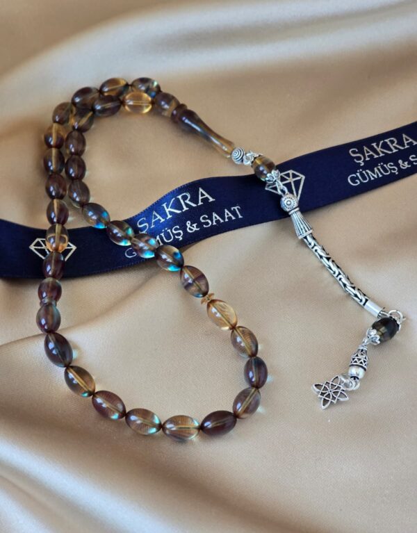 Gümüş Püsküllü Bal Tonlu Ateş Kehribar Tesbih